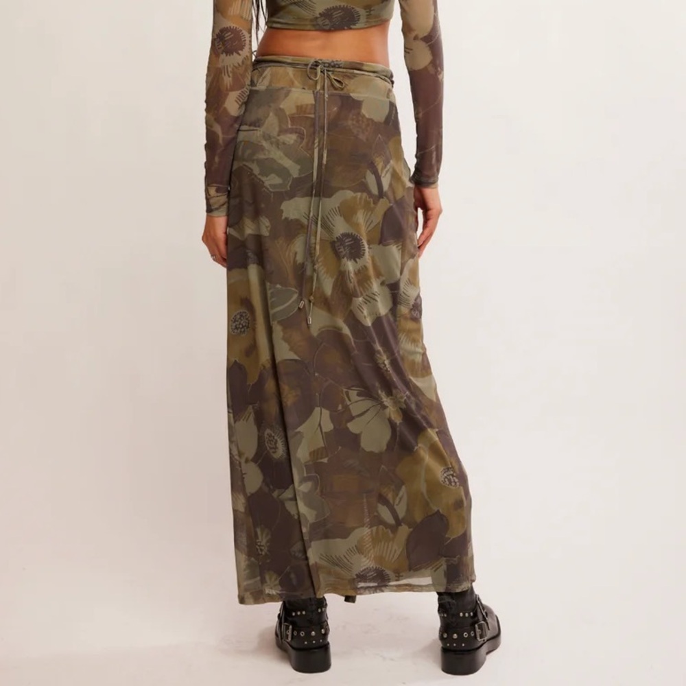 Free People Olive Green Floral Mesh Maxi Skirt with Side Slit - Picture 2 of 10